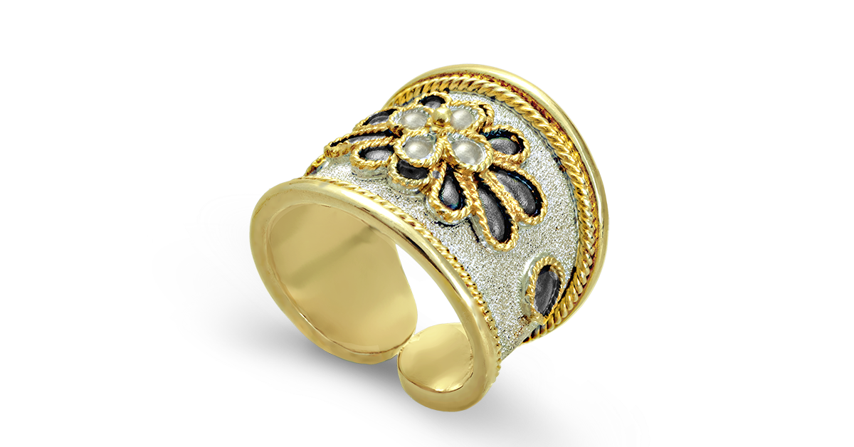 Black and White Byzantine Flower Ring